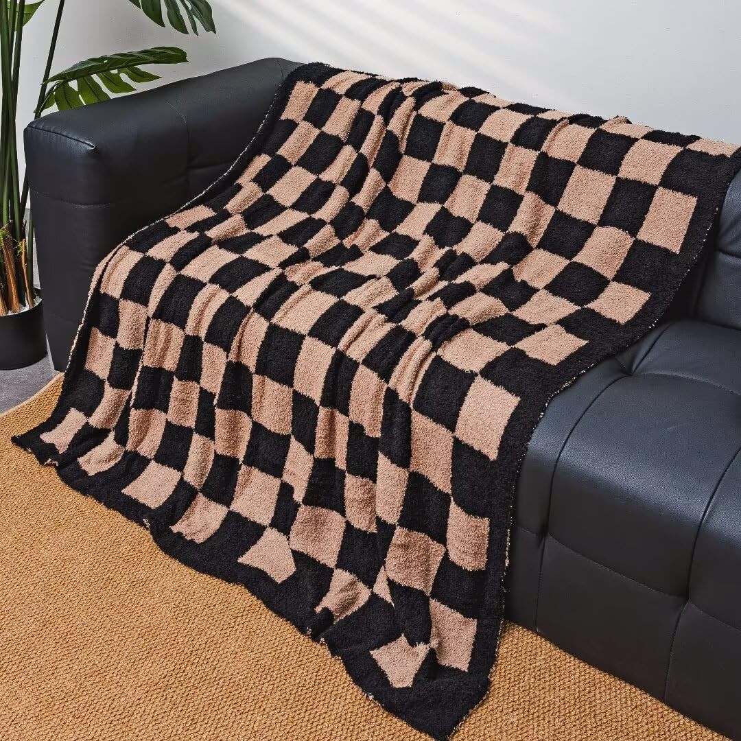 Black Brown Soft Reversible Checkered Knit Throw Blanket Sofa 51x63 Inch gallery