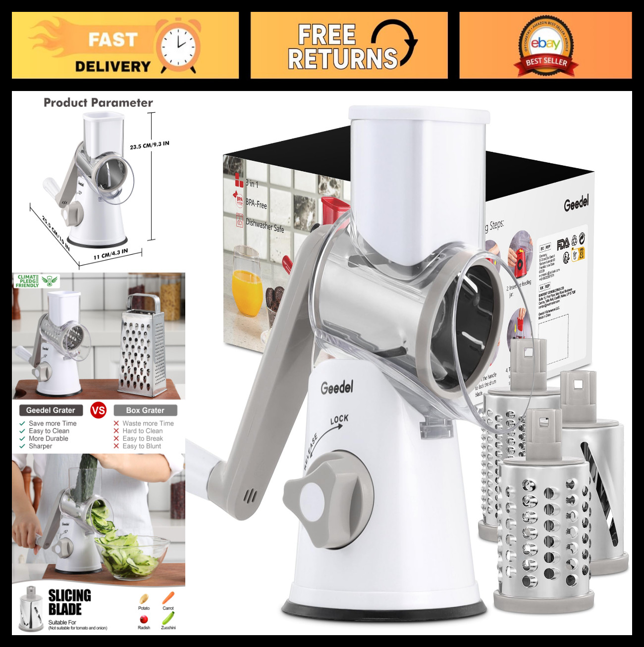 Rotary Cheese Grater & Vegetable Slicer with 3 Blades - Easy Clean Kitchen Tool gallery