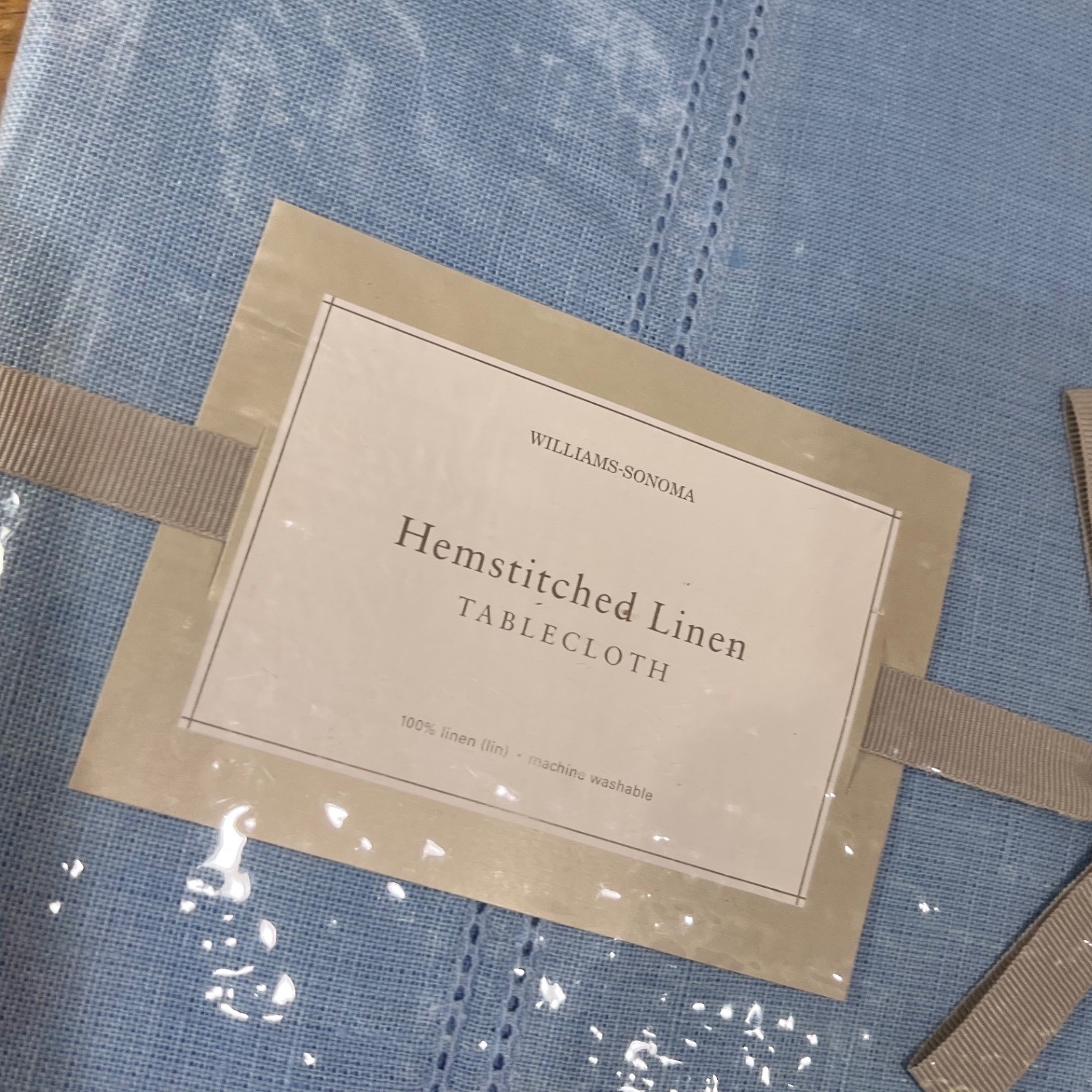 Williams-Sonoma Hemstitched Linen Tablecloth 70x126 Light Blue Vtg Style gallery