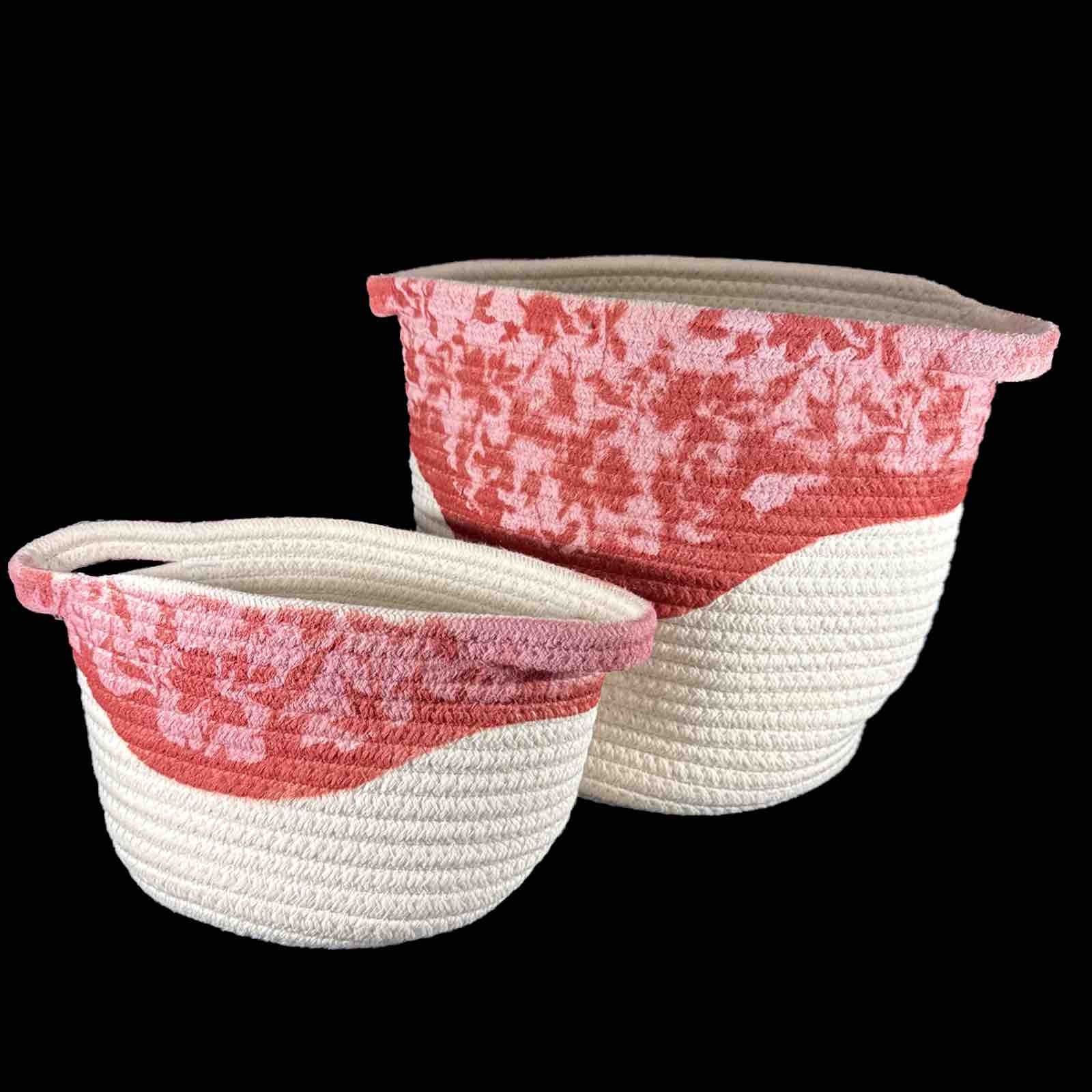 Set-2 Summer & Rose Woven Rope Baskets Cotton Storage Totes Pink & Beige Handles gallery