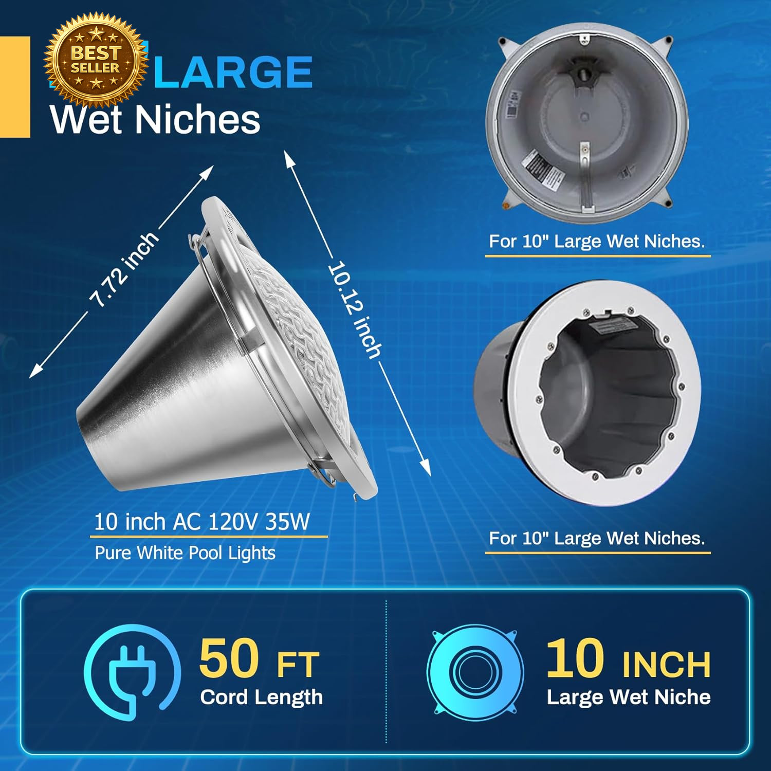 10 Inch LED Pool Light 35W 120V White Inground Replacement 50FT Cable gallery
