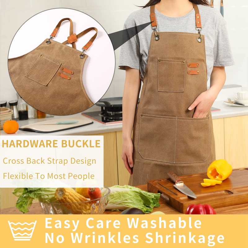 Canvas Cross Back Chef Apron, Adjustable Straps, Large Pockets, Brown gallery