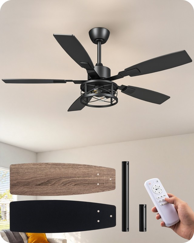 52" Rustic Caged Fandelier Dimmable LED Fan Remote Reversible DC Motor Timer gallery
