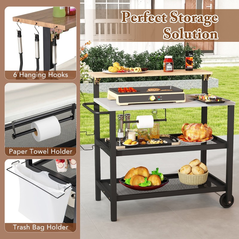 Rolling Bar Cart w/ Flip-up Table Hooks Paper Towel Holder 2 Bistro Stools gallery