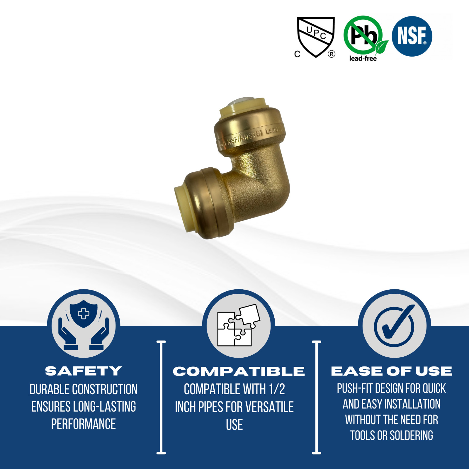 1 Piece 1/2" X 1/2" Push Fit Elbow, Lead Free Brass, For Cash Acme, gallery
