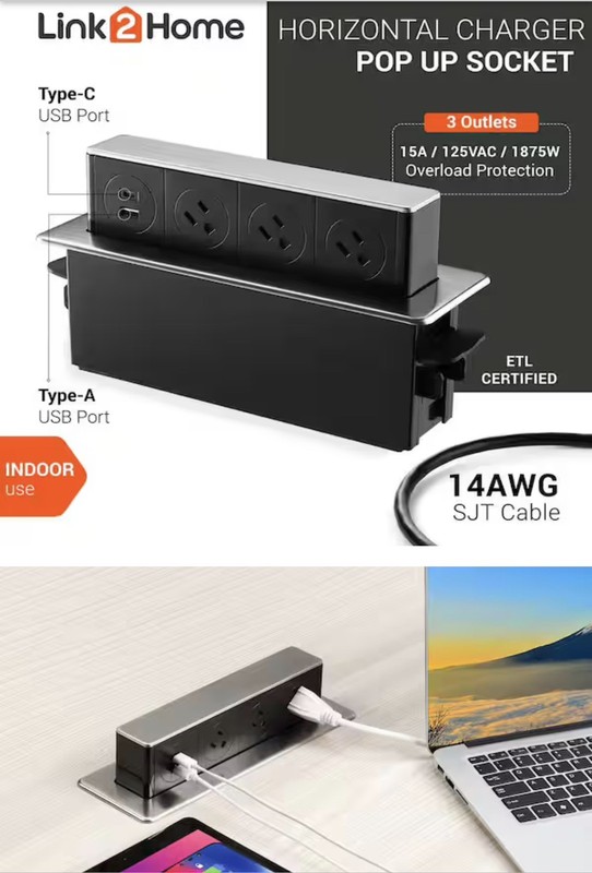 Link2Home Horizontal Pop-Up Socket 3 Grounded Outlets 2 USB & 2 USB NEW gallery