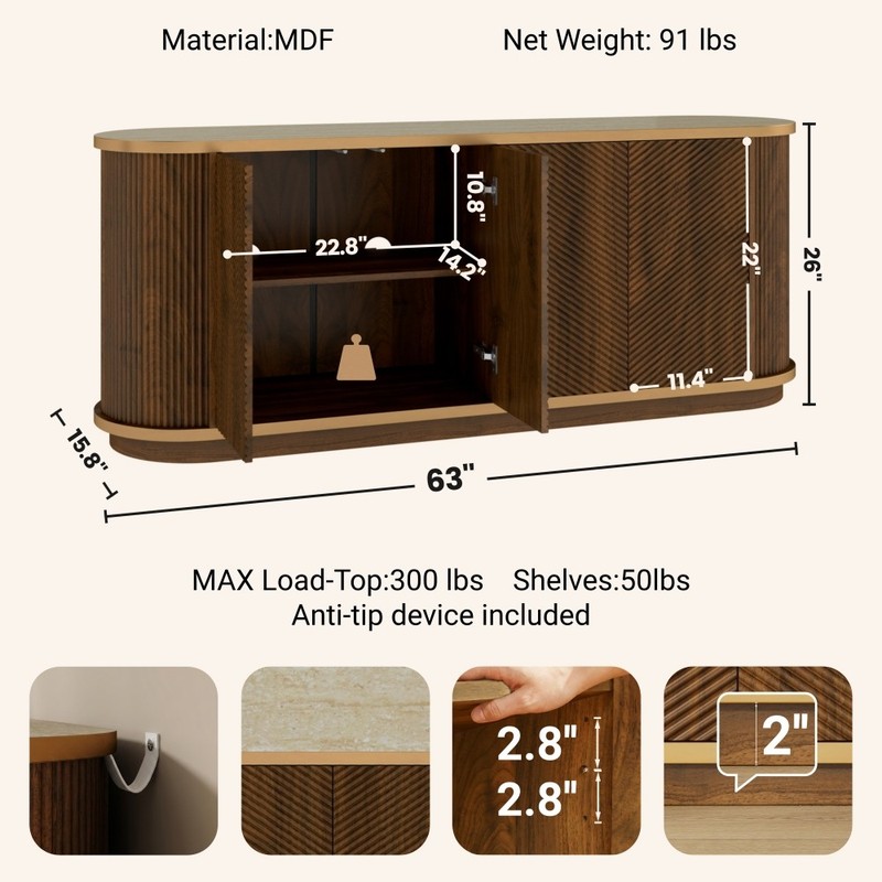 63" Fluted Sideboard, 4-Door Walnut Buffet Credenza, Gold Trim, Faux Marble Top gallery