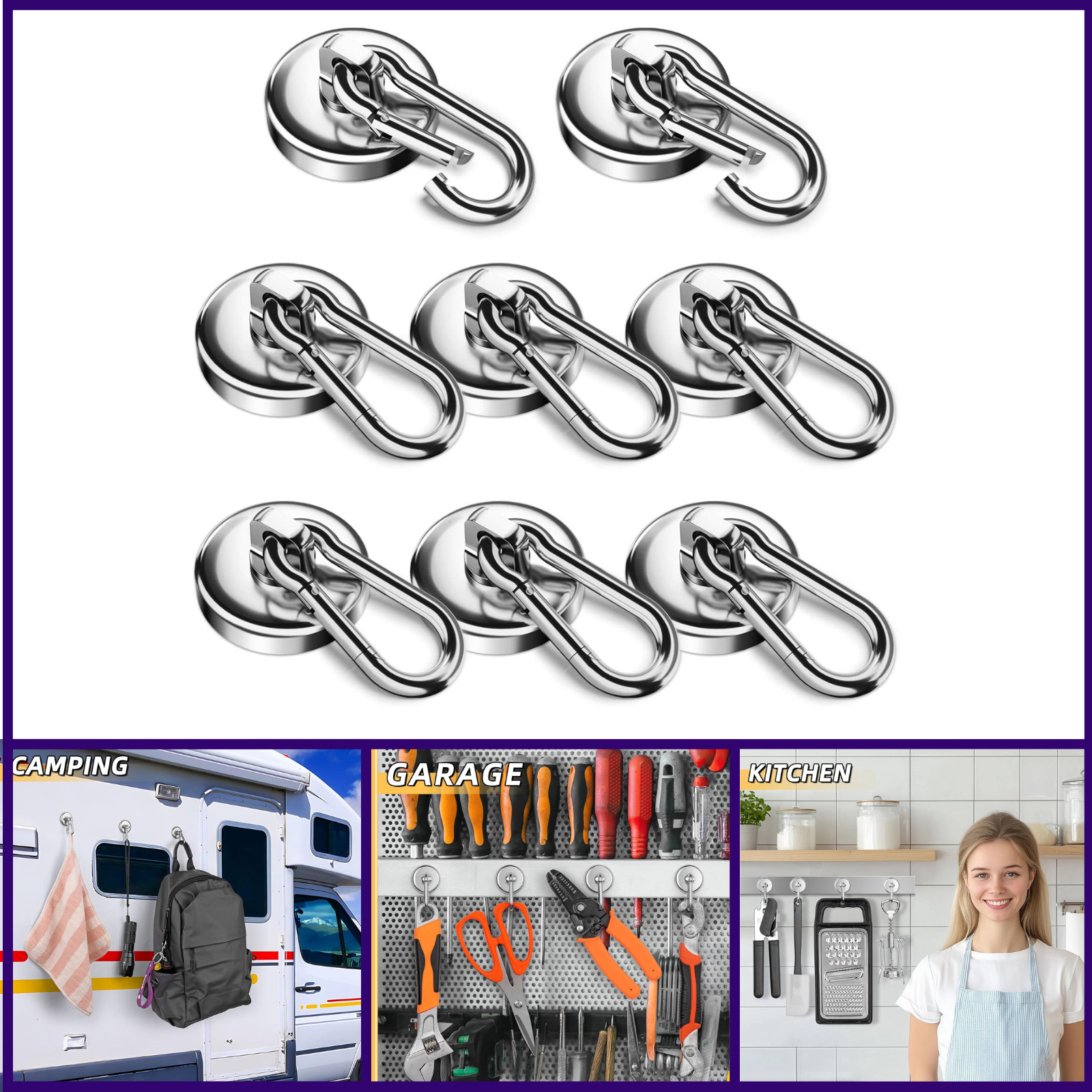 8 Pack 100LBS Neodymium Magnet Hooks with Swivel Carabiner, Strong Heavy gallery