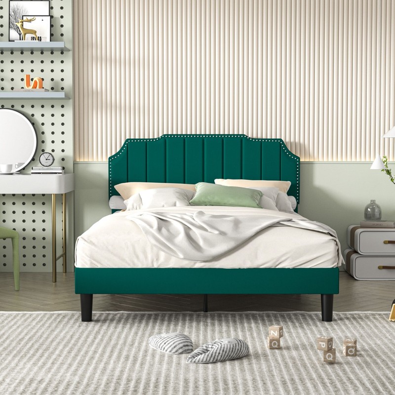 Upholstered Bed Frame Full Queen Platform with Headboard Footboard Wooden Slat gallery