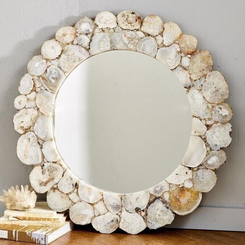 White Agate Stone Mirror Frame Stunning Wall Hanging Mirror Bathroom Decors gallery