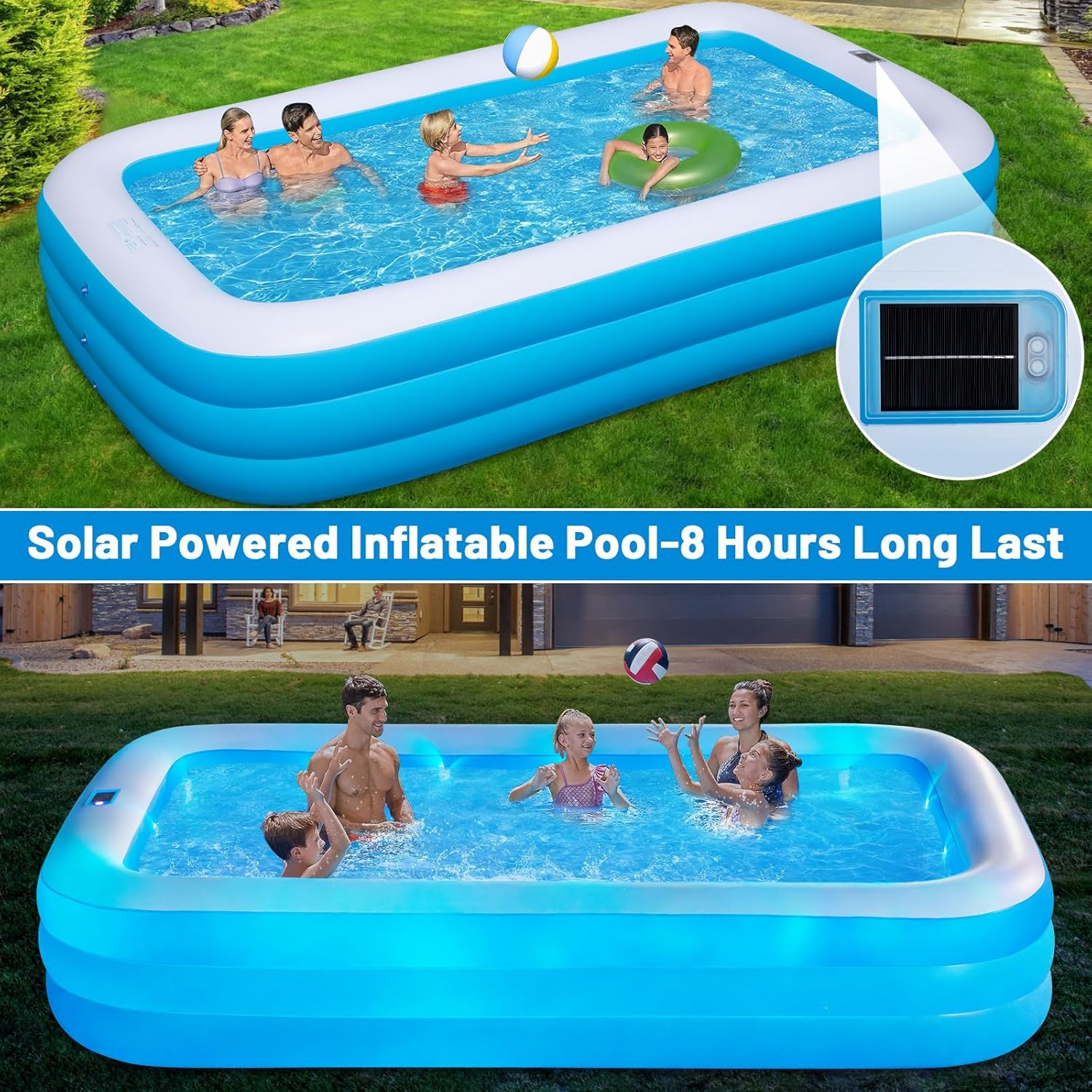 Large Solar Inflatable Pool with Lights, 130"x72"x22", Oversized Thickened Blow gallery
