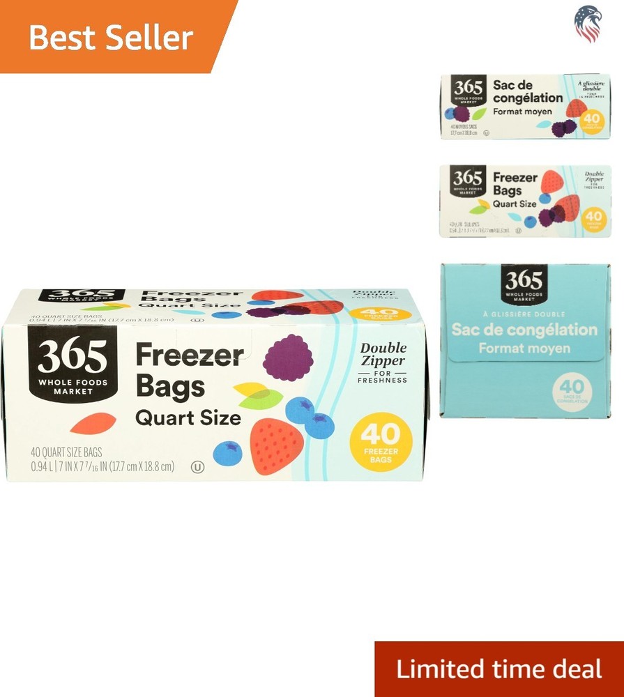 Quart Size Freezer Bags Compatible with Many Brands 40 Pack Double Zipper
