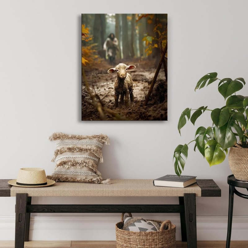 Jesus Running After Lost Lamb Christian Canvas Wall Art Prayer Room Decor gallery