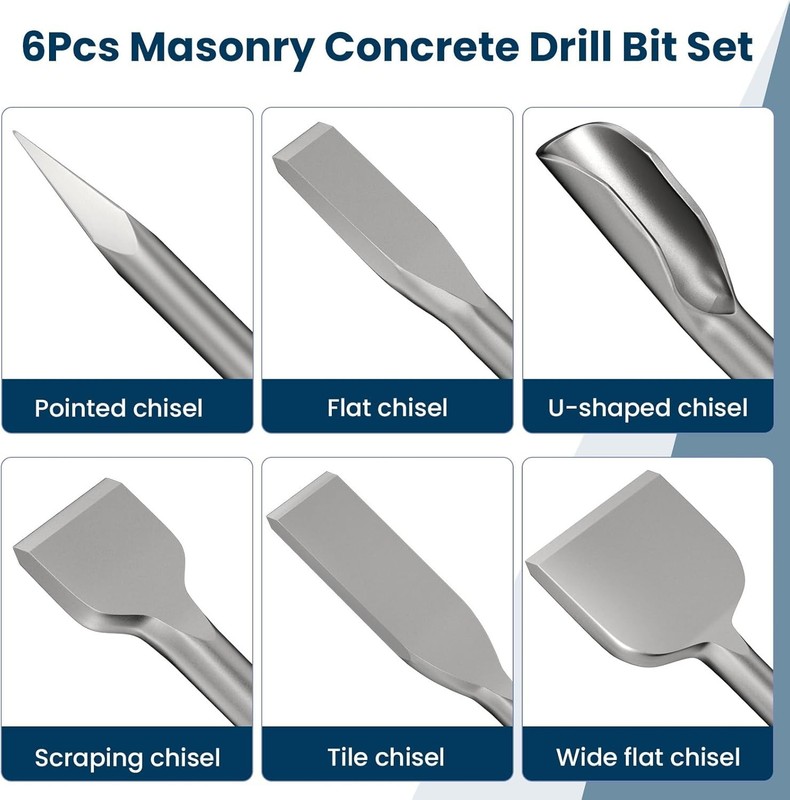 TOOVEM 6pc SDS Plus Chisel Set for Rotary Hammer Tile & Mortar Removal gallery