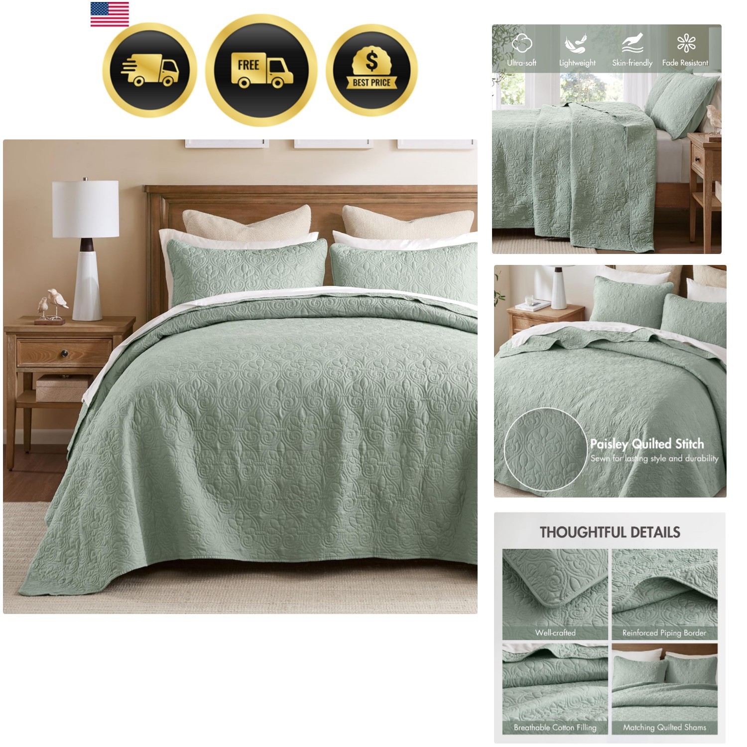 Quebec Reversible Quilt Set Damask Design, Double Sided Stitching All Season,... gallery