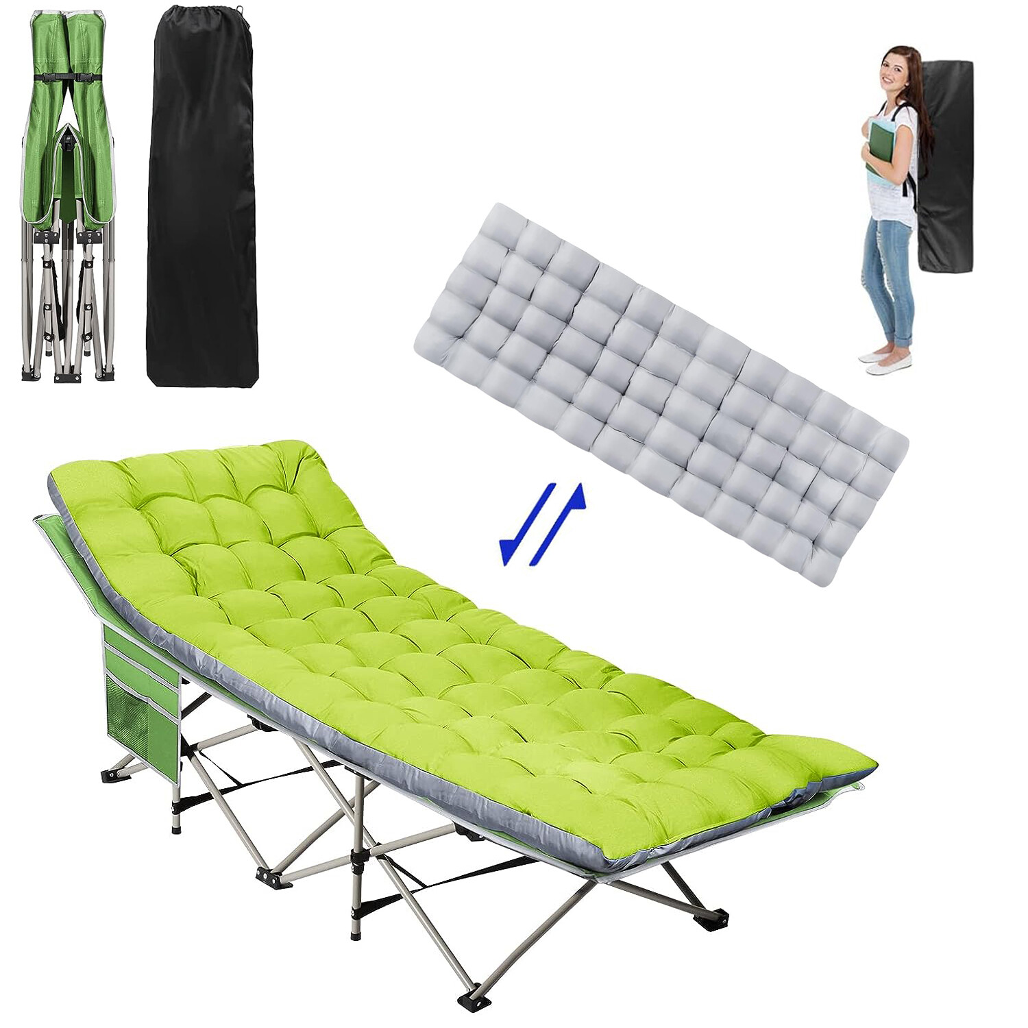 Folding Cot Sleeping Bed w/Removable Cotton Mattress Carry Bag for Camping Green gallery