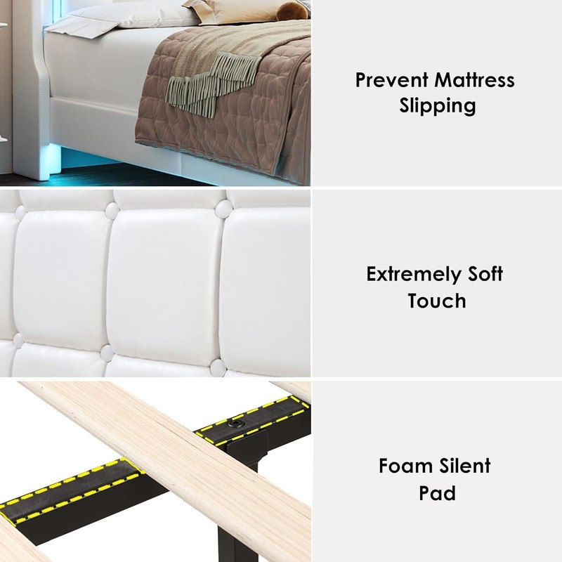 Queen Floating Bed Frame with LED Lights and Charging Station, Pu Leather Platfo gallery