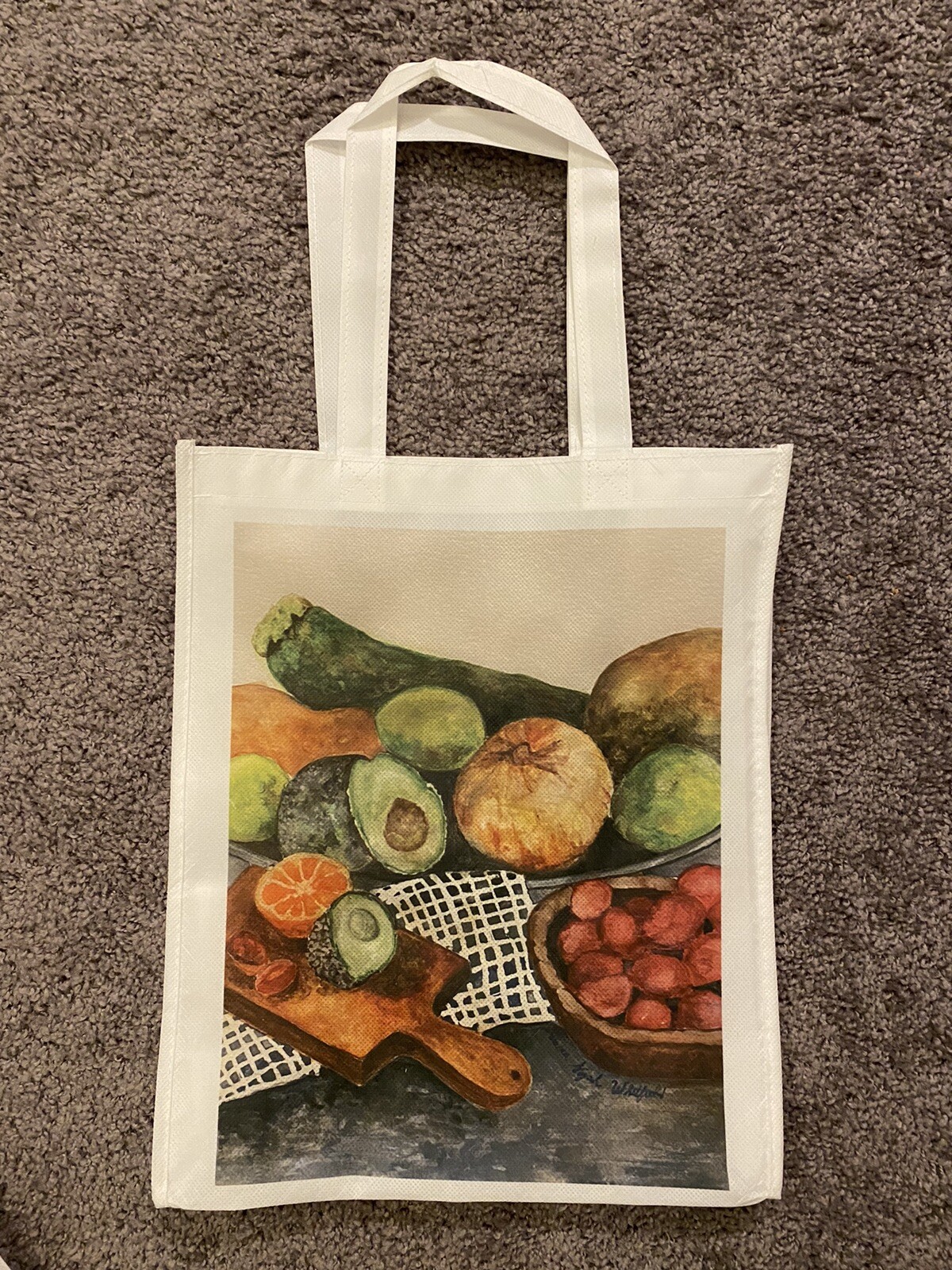 Reusable Grocery Shopping Bag with Art Print only on front gallery