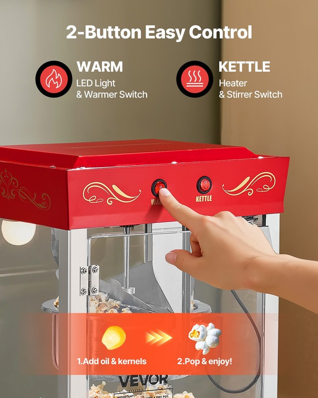 VEVOR Popcorn Machine Countertop Popcorn Popper Maker 800W 8oz Kettle 48Cups Red gallery