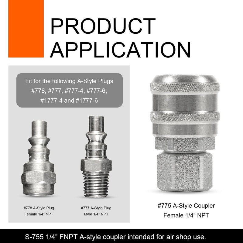 S775 A-Style Air Coupler Push Type 1/4" FNPT NPT Female Pack of 4 gallery