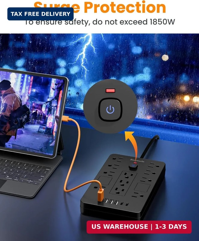 Surge Protector Power Strip - 11 Outlets(1850W/15A/14AWG) with 6 USB Ports(2 USB gallery
