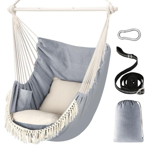 Hammock Chair Hanging Swing Max 500 Lbs 2 Cushions 130x100cm Light Grey gallery