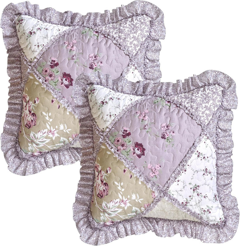Lilac and Beige Rose Patchwork Ruffle Pillowshams, Quilted Decorative Pillow Cov gallery