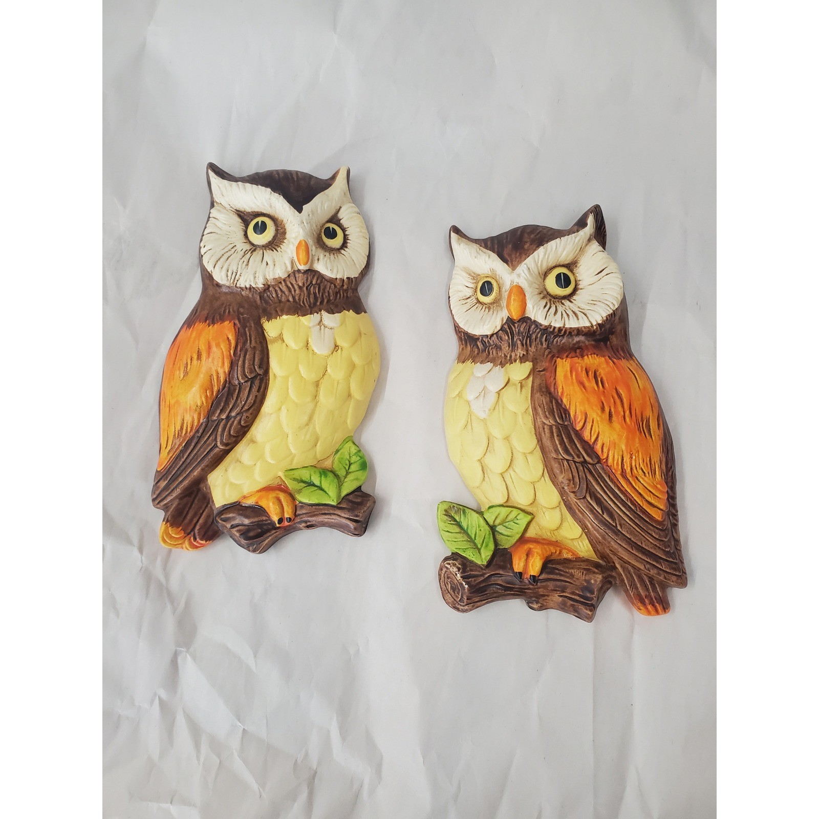 Vintage Lefton Ceramic Owl Wall Plaques Set of 2 Brown Orange Yellow Japan 382 gallery