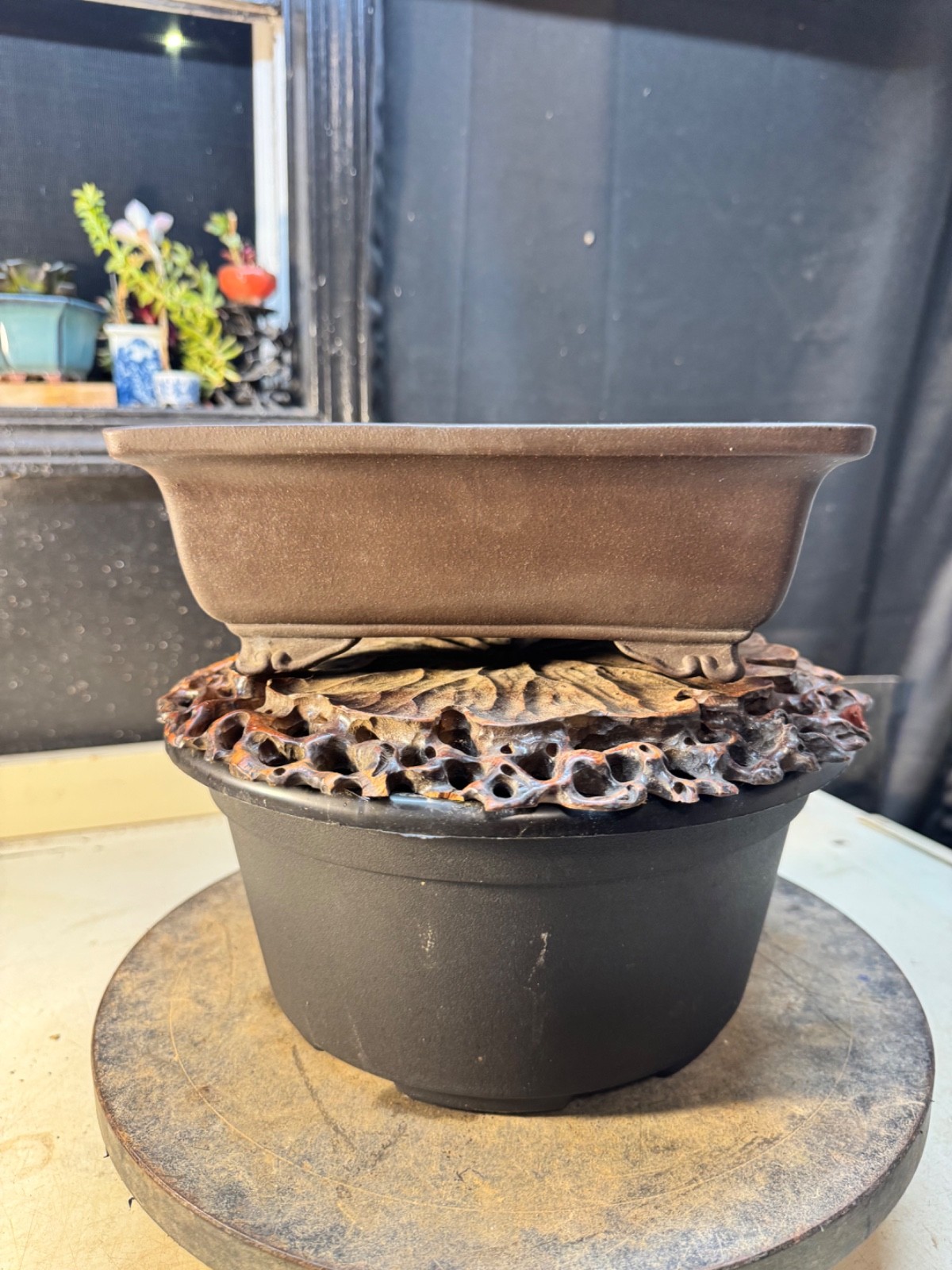 Bonsai pot Tokoname Rectangle Shape Brown Unglazed. Yamaaki gallery