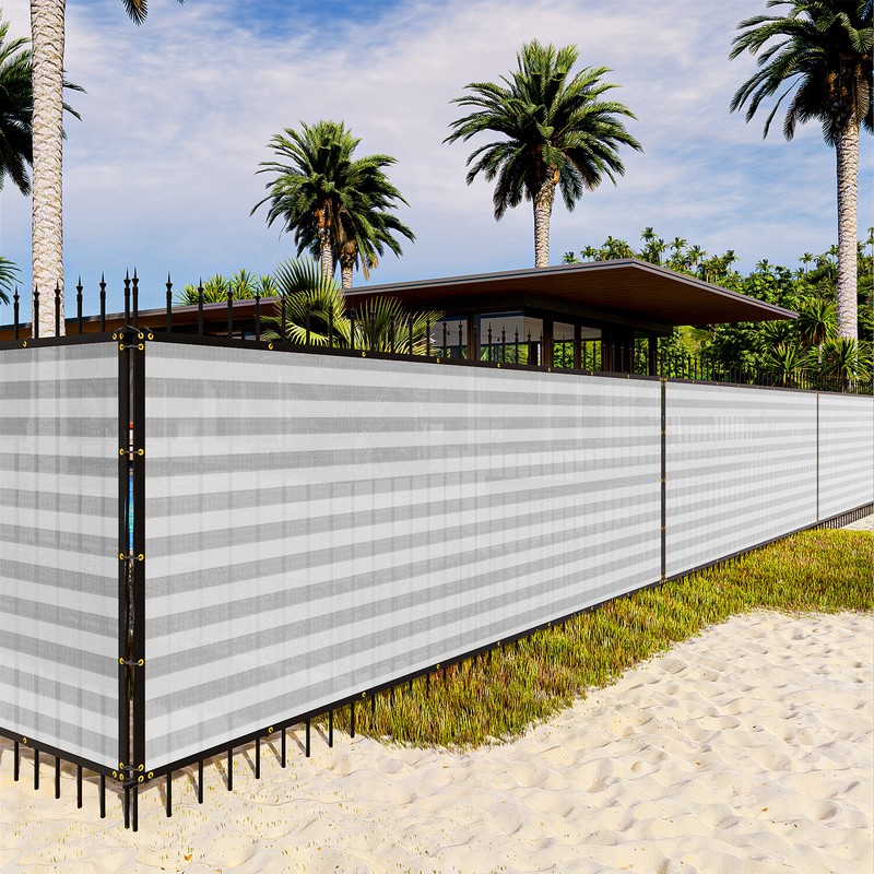 2' Tall Gray Stripe Privacy Fence Screen UV Shade Permeable Fabric with Grommet gallery