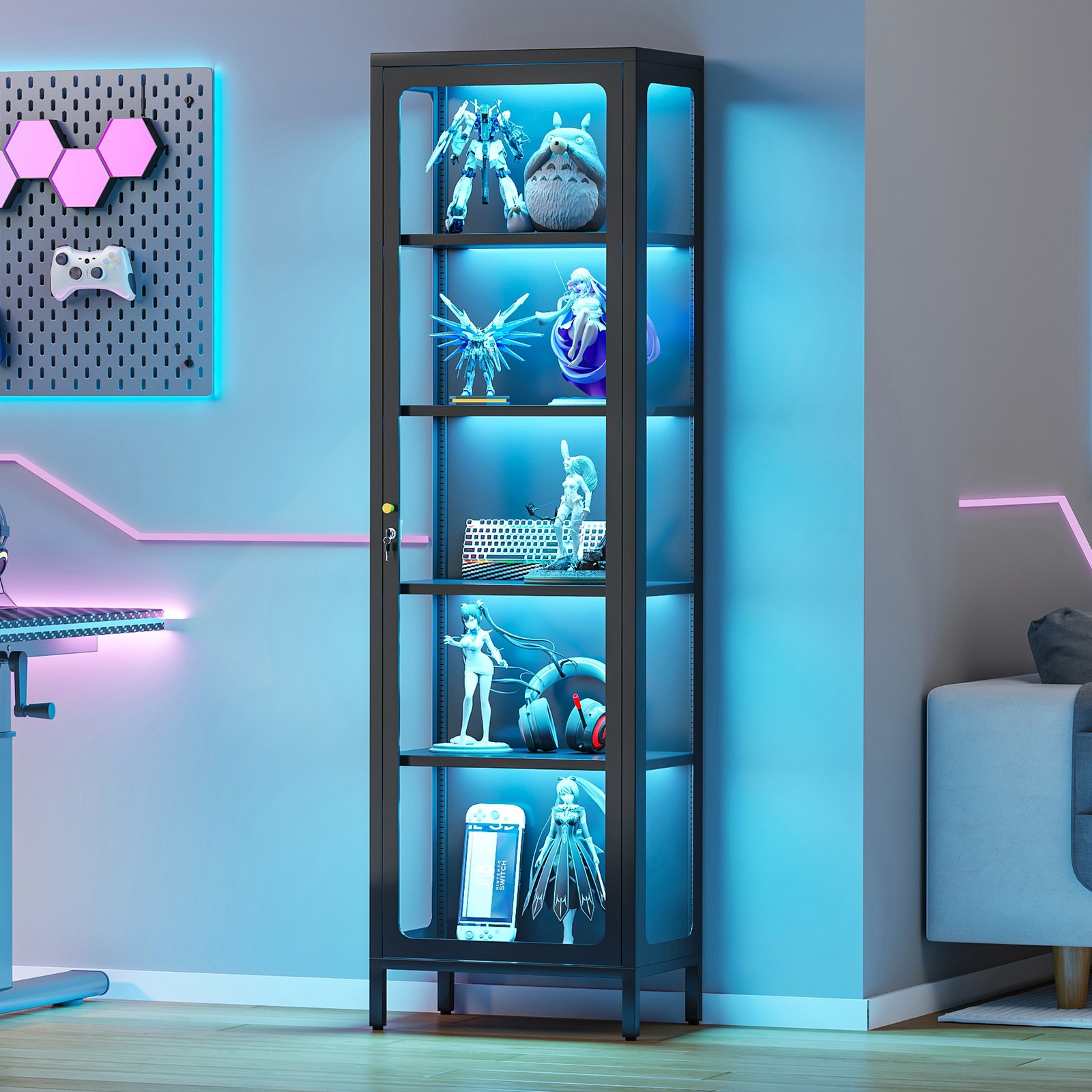 Magnetic LED Glass Display Cabinet with Lock Heavy Duty Steel Curio Display Case gallery