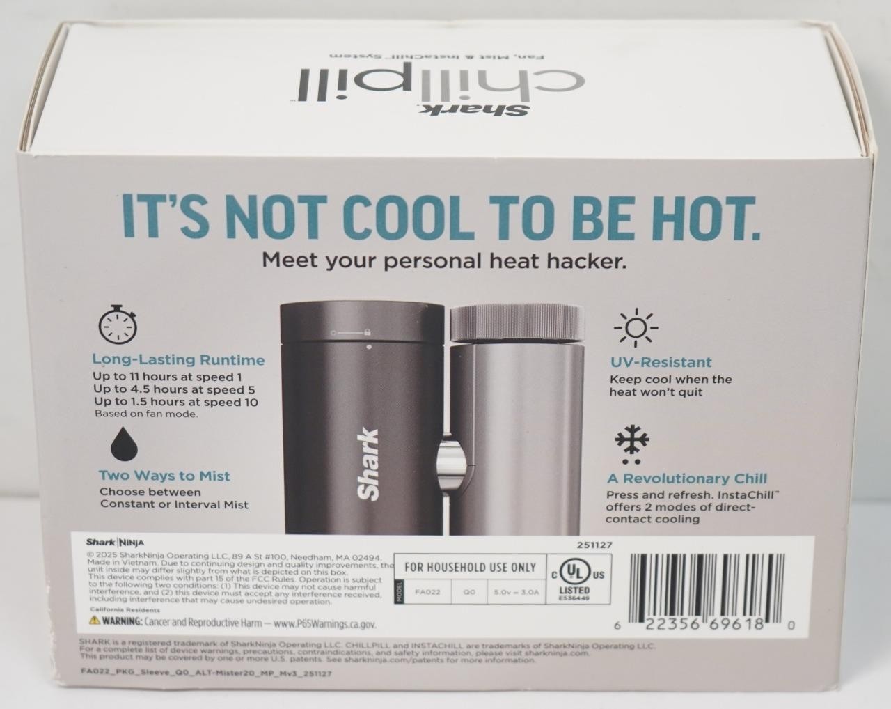NEW - Shark ChillPill 3-in-1 Portable Fan Mist & Instachill System FA022 - Gray gallery