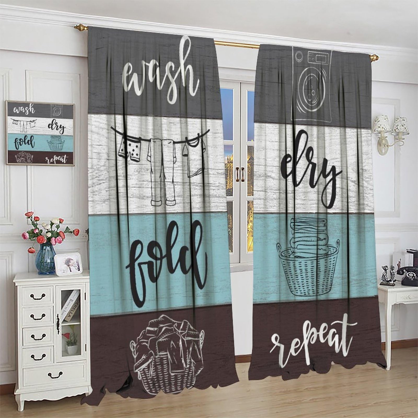 Laundry Room Curtains,Dry Wash Fold Repeat Grey Blue White Brown Farmhouse Wo... gallery