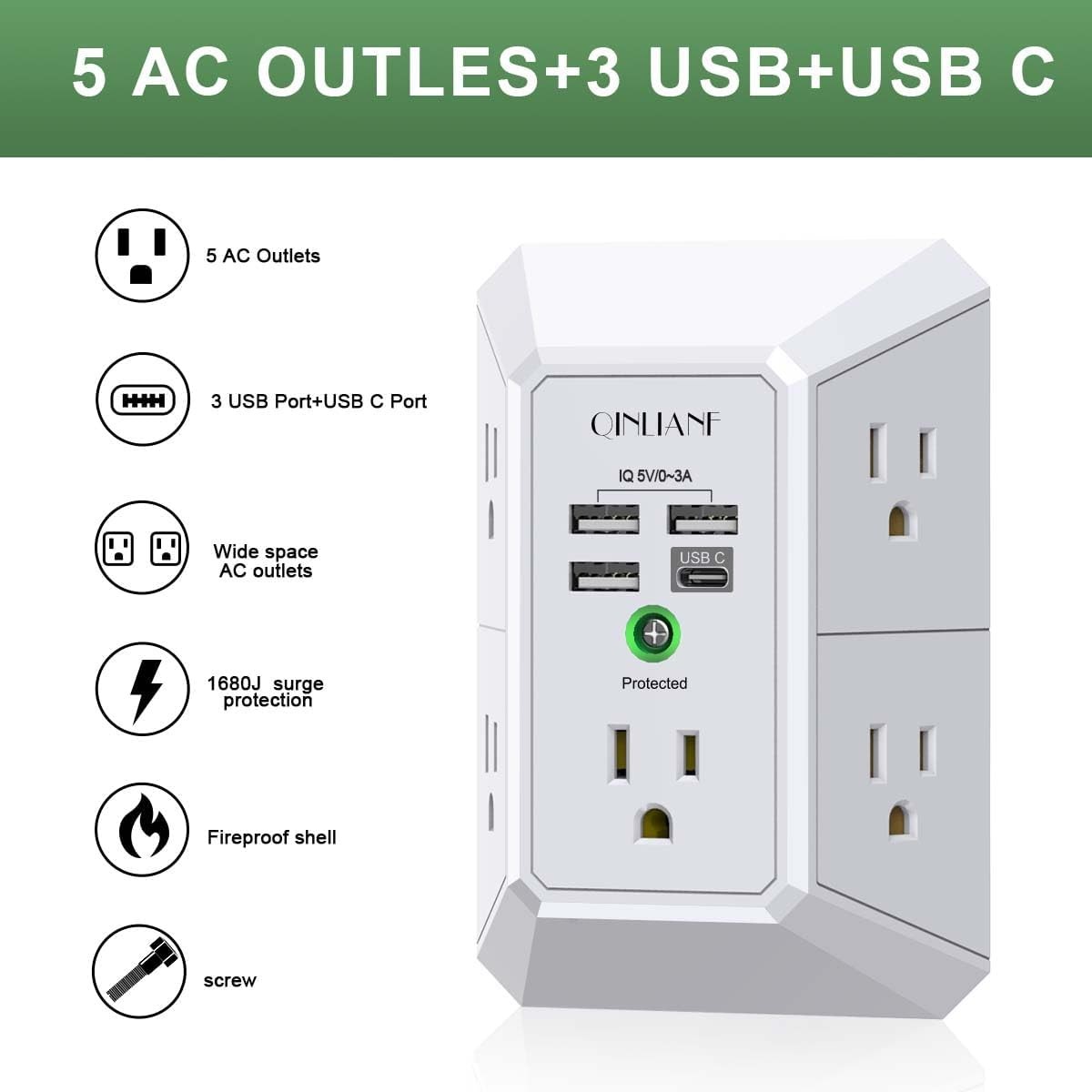 QINLIANF 5 Outlet Extender Surge Protector Wall Charger w/ 4 USB Ports 1680J gallery