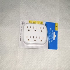 6 Outlet Wall Tap, White, Plastic, Plug Type A, 121-140V, 15A, Wall Mount
