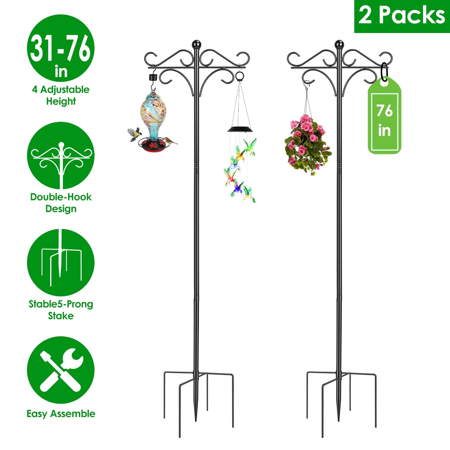 2x Heavy Duty Double Shepherds Hook w/ Adjustable Height 5 Prong Base gallery