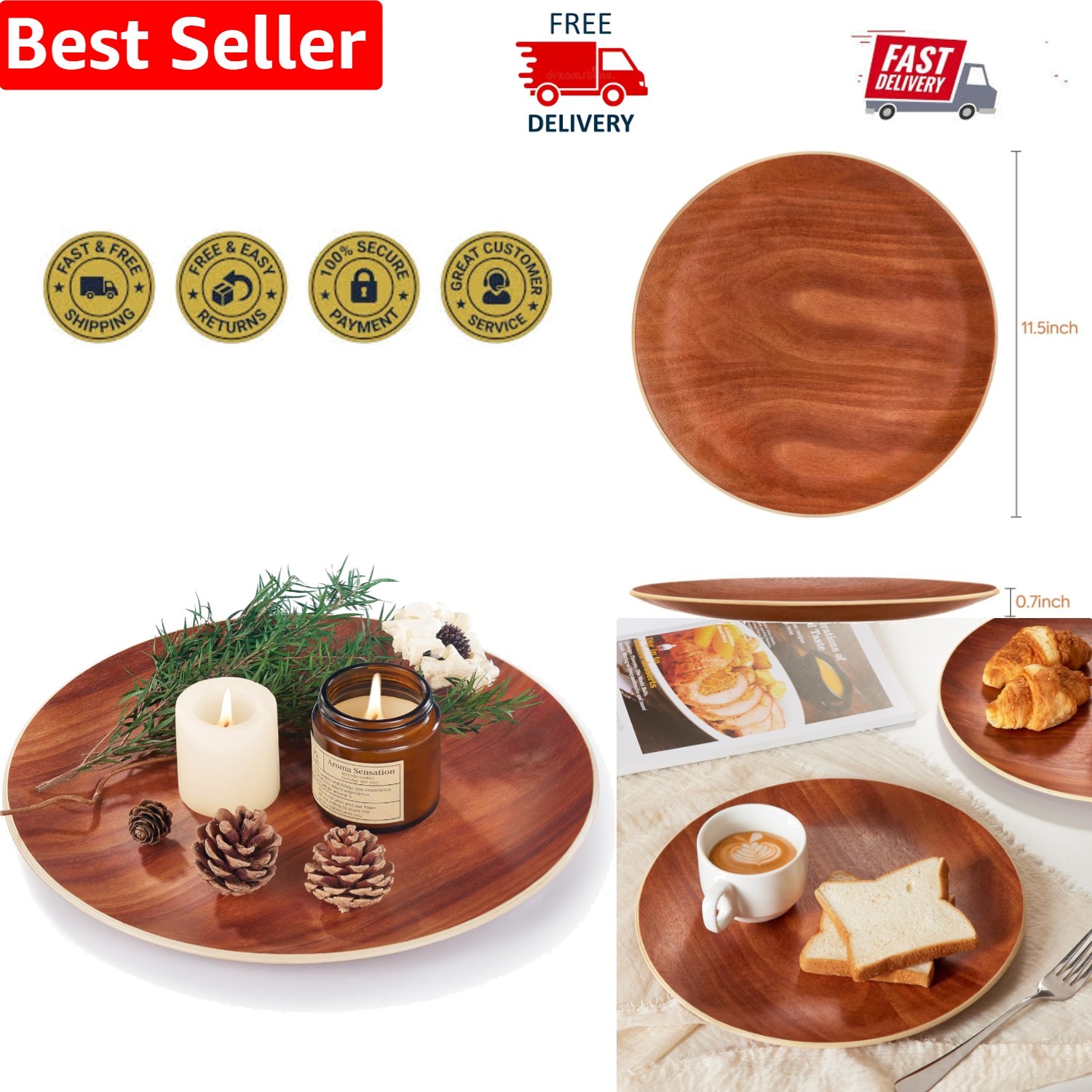 Multi-Purpose Round Serving Tray in Polished Acacia Wood - Effortless Cleanup gallery