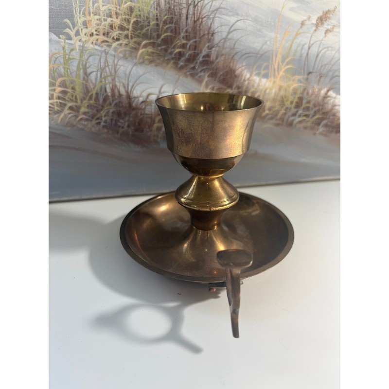 Vintage Solid Brass Chamberstick Candle Holder with Finger Loop Handle Patina gallery