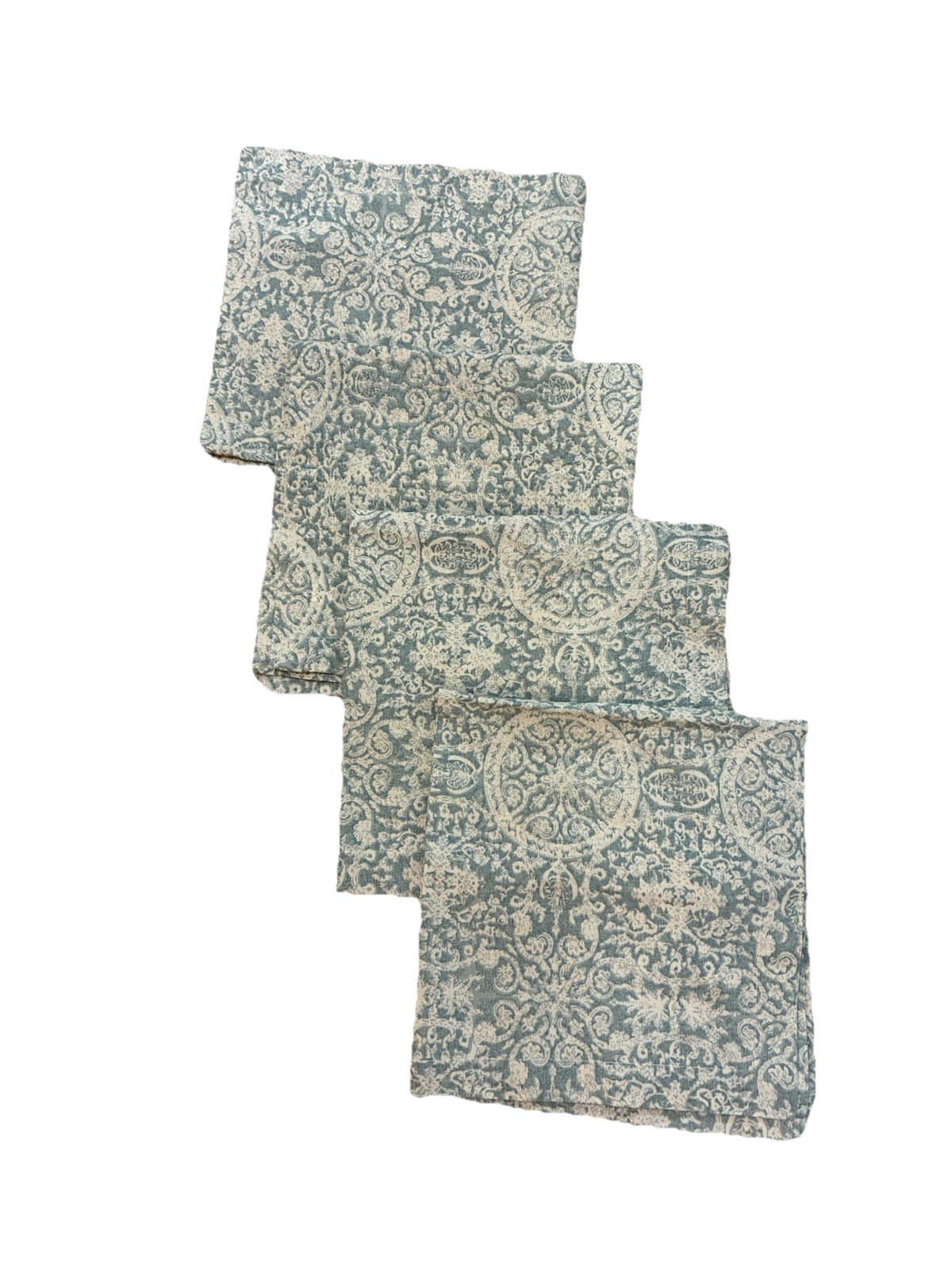 Pottery Barn Napkin Set (6) Cotton Linen Blue & Cream Damask 20”x 20” gallery