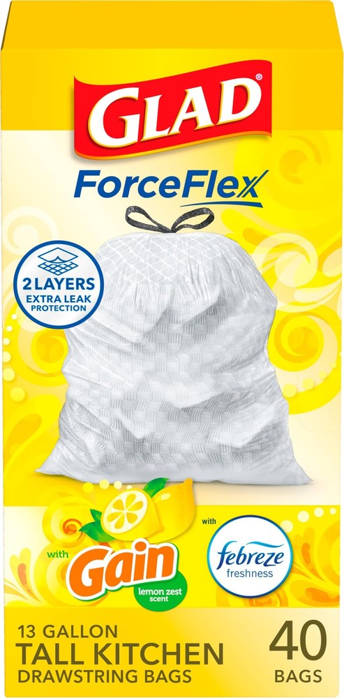 Glad ForceFlex Tall Kitchen Drawstring Trash Bags 13 Gal Gain Lemon Zest 40 Ct