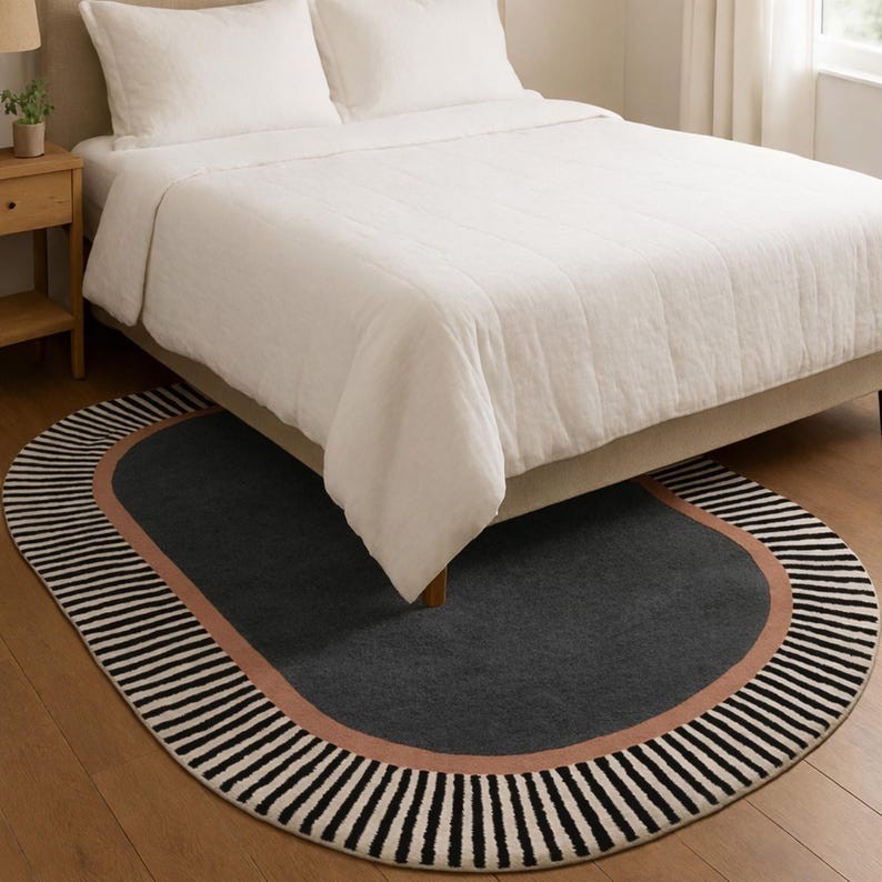 Modern Oval Wool Area Rug, Handmade Scandinavian Carpet, Minimalist Living Room gallery
