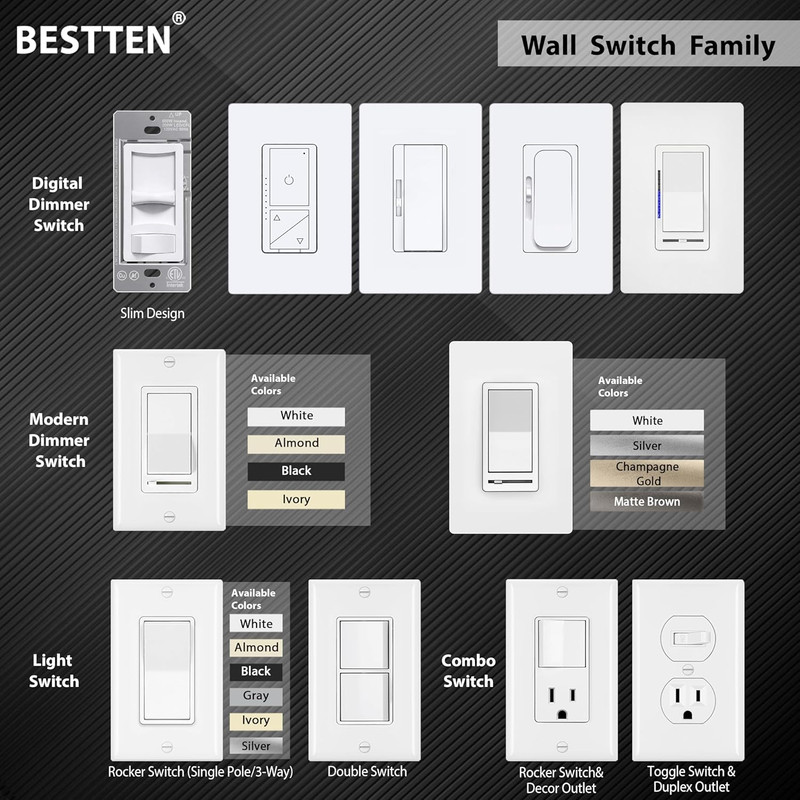 10 Pack Single Pole Decorator Light Switch with Wallplate, 15A 120/277V, Rocker gallery