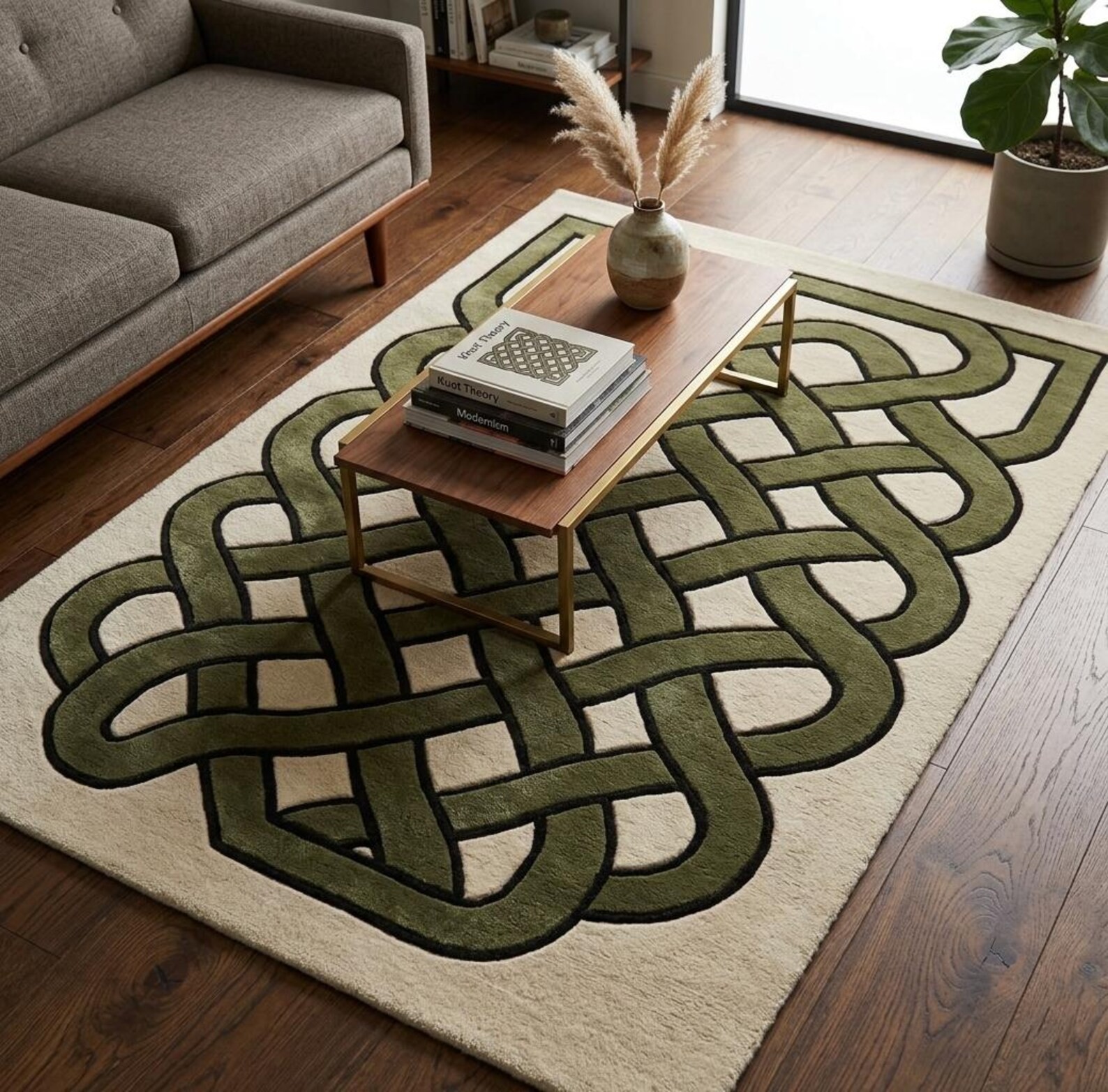 Luxury Celtic Knot Wool Rug Green Geometric Interlocking Hand Tufted Living Room gallery