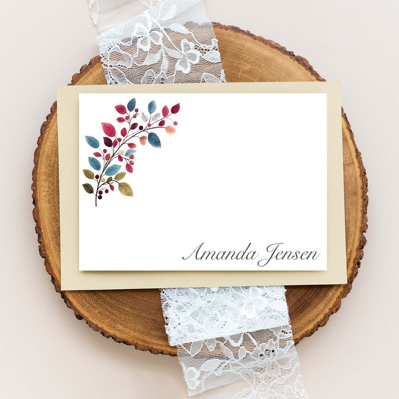 PERSONALIZED - 12 Flat Note cards Floral Stationery with Envelopes - Leaves gallery