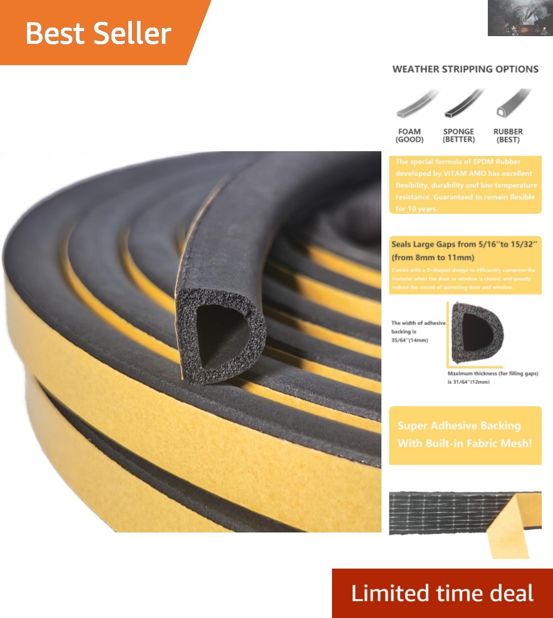 D-Shape Weather Stripping Seal - 18 Feet Multi-Purpose EPDM for Doors & Windows gallery