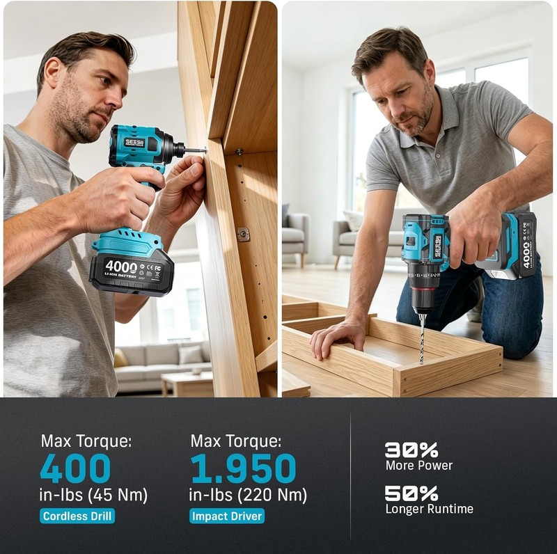 Cordless 3/8" Drill Impact Driver Electric Power Tool Combo Kit 2x4000mAh Batter gallery
