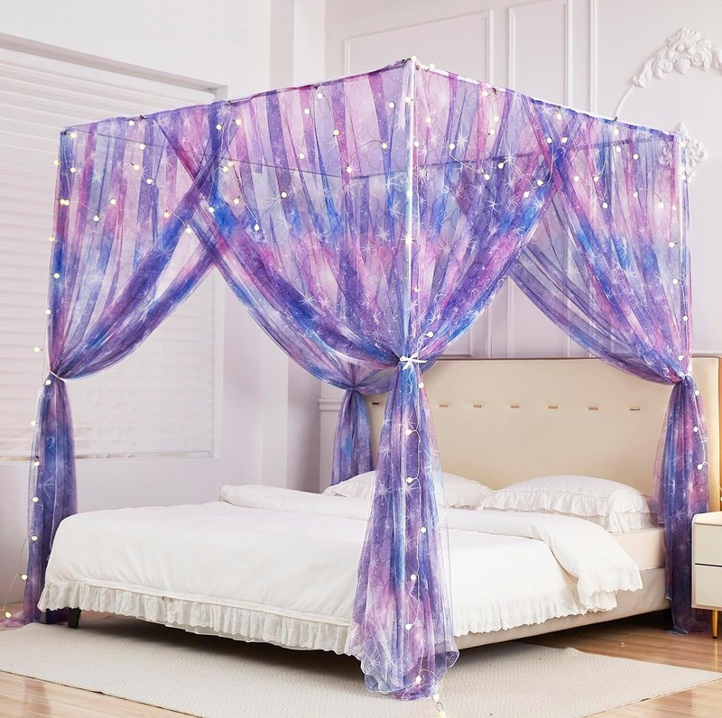 Rainbow Canopy Bed Curtains with Lights for Girls Princess Net Drapes Full Size gallery