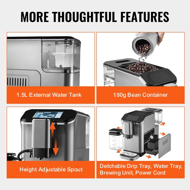 Uimoso Fully Automatic Espresso Machine Coffee Maker Auto Milk Frother & Grinder gallery