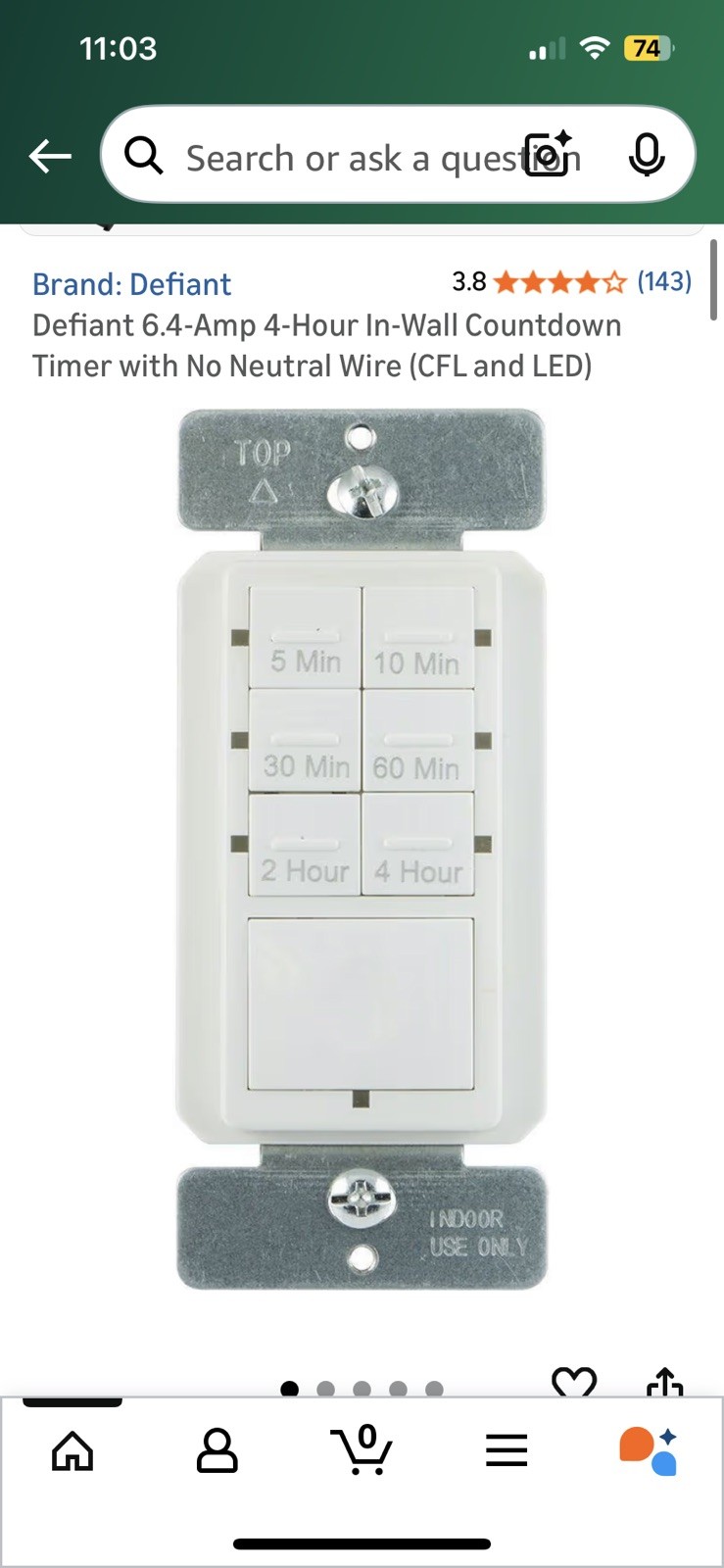 Defiant 460974 Push Button Countdown Timer; Up To 4 Hours; 6.4A/125V, 800W gallery