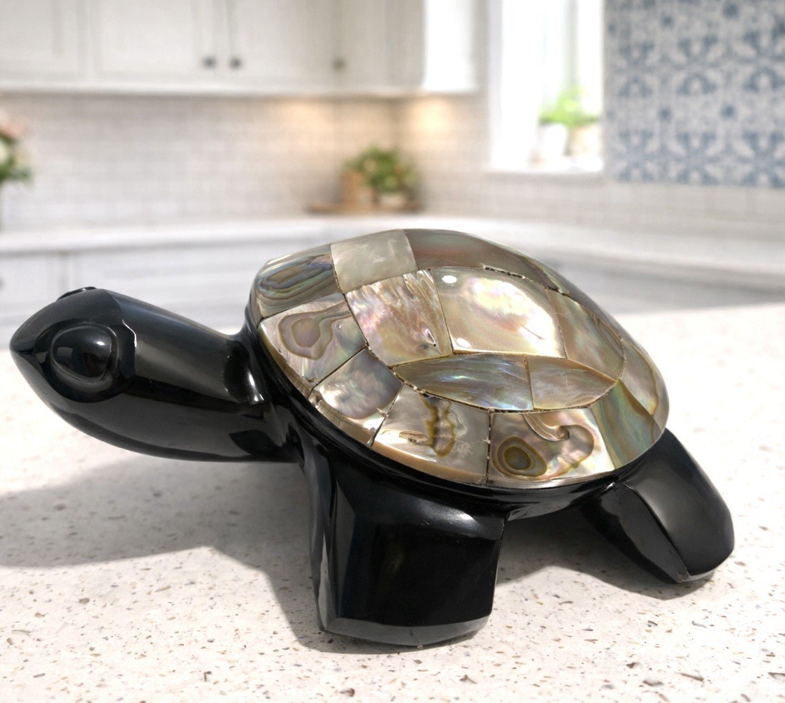 Black Obsidian Turtle Figurine Abalone Shell Inlay Mother of Pearl Coastal Decor gallery